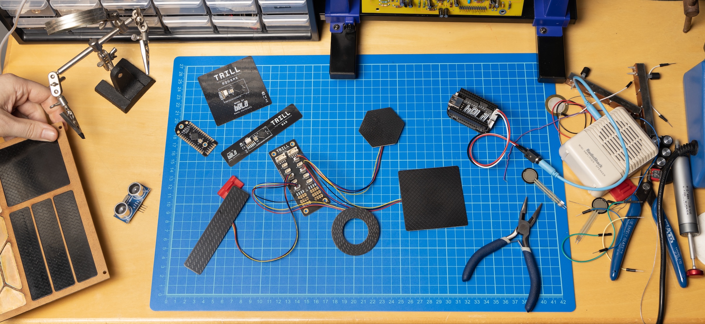 A close-up of a Trill sensor embedded in a custom interface